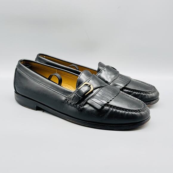 Cole Haan Shoes Mens 10 Black Leather Kiltie Fringe Loafers Buckle Slip On Dress - Picture 2 of 11